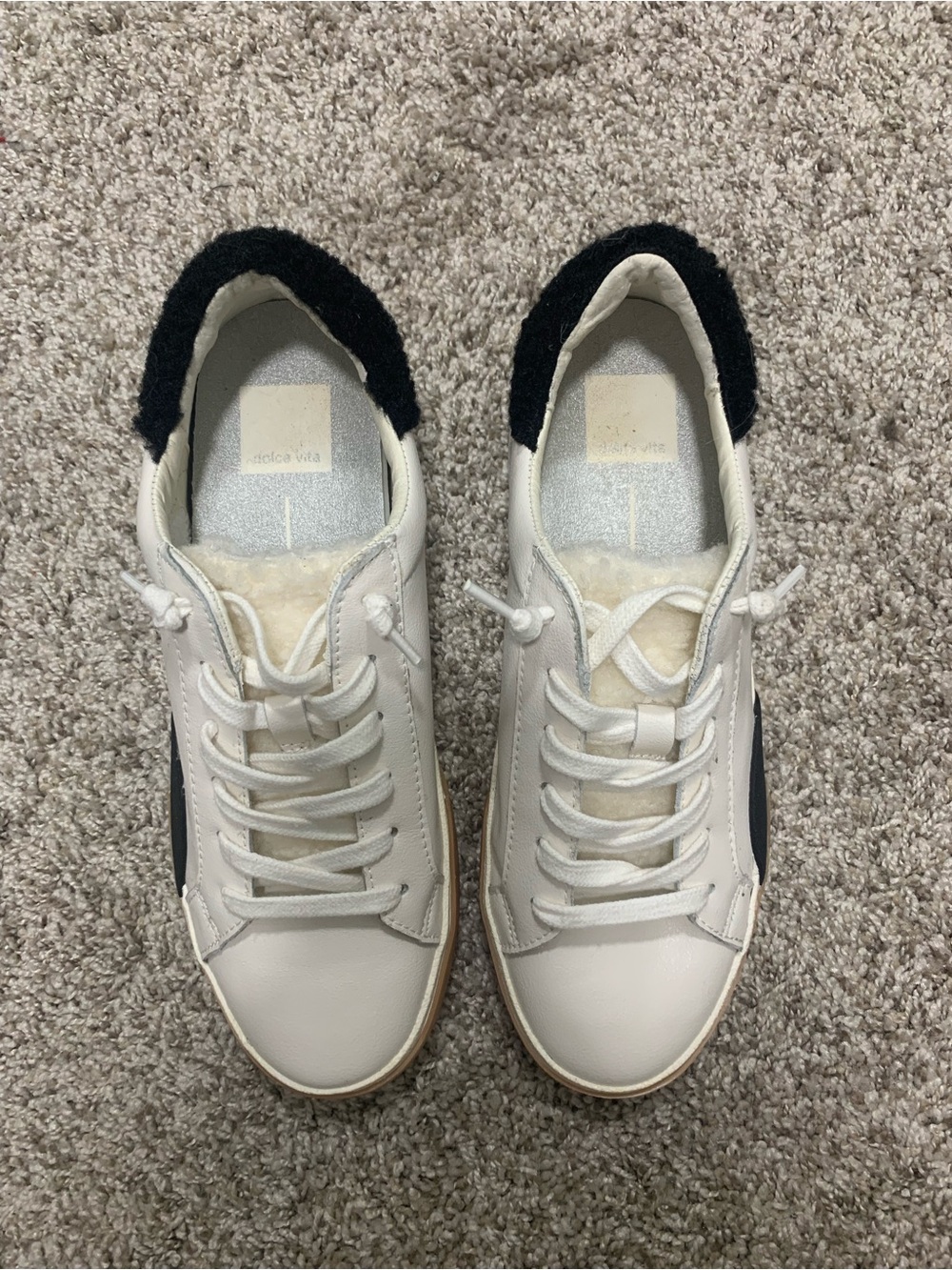 Dolce Vita White Sneakers with Black Shearling Accent